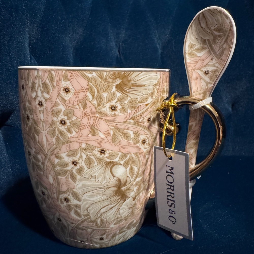 24oz. Morris & Co Pink Floral Mug with Spoon & Gold Accents Premium Porcelain